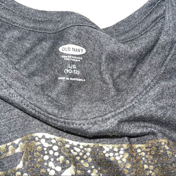 4/$25 - Old Navy Grey “Imagine” T-shirt w/ Gold Cheetah graphic - Size L (10-12) - Picture 4 of 5